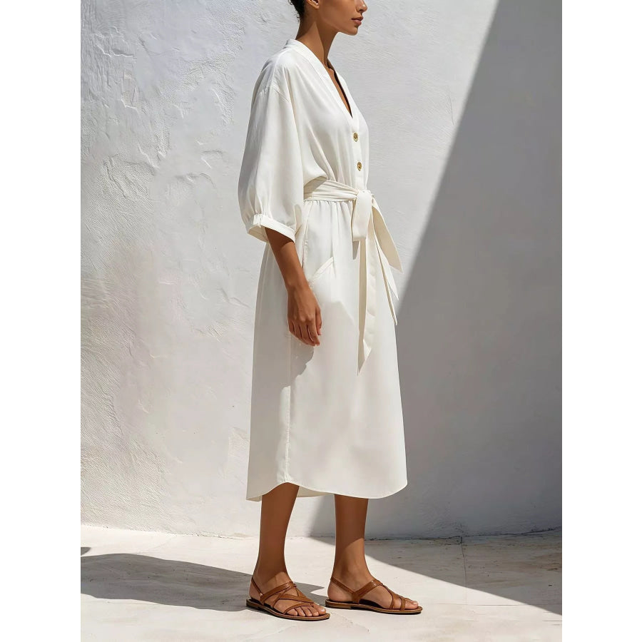 Full Size Tie Waist V-Neck Midi Dress Plus Size Apparel and Accessories