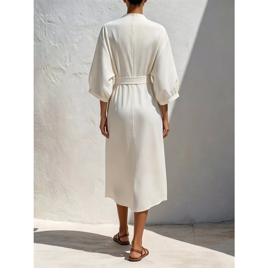 Full Size Tie Waist V-Neck Midi Dress Plus Size Apparel and Accessories