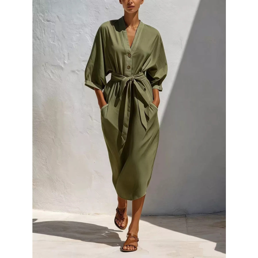 Full Size Tie Waist V-Neck Midi Dress Plus Size Army Green / XS Apparel and Accessories