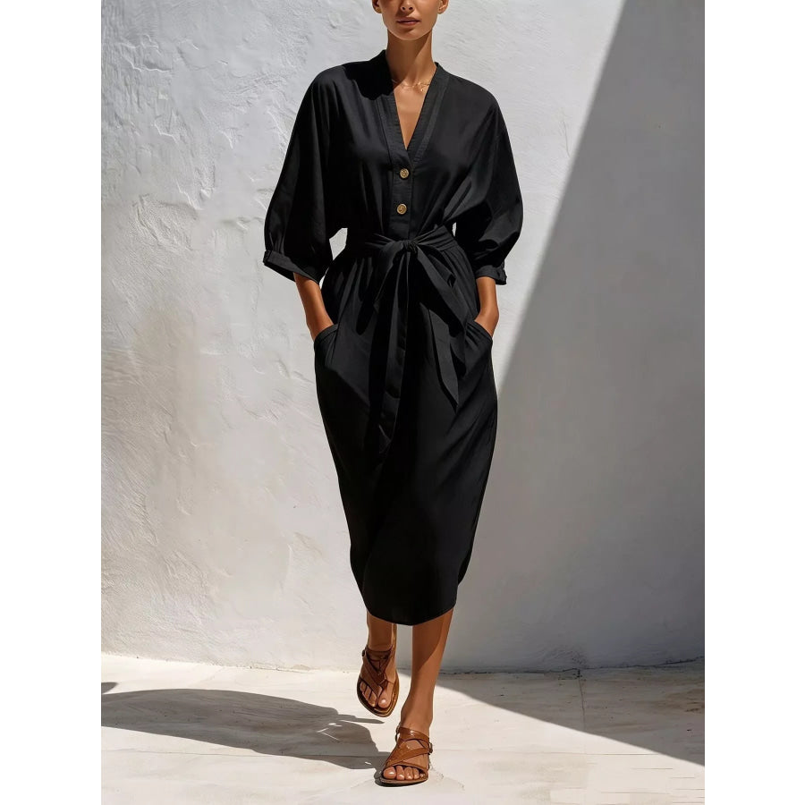Full Size Tie Waist V-Neck Midi Dress Plus Size Black / XS Apparel and Accessories