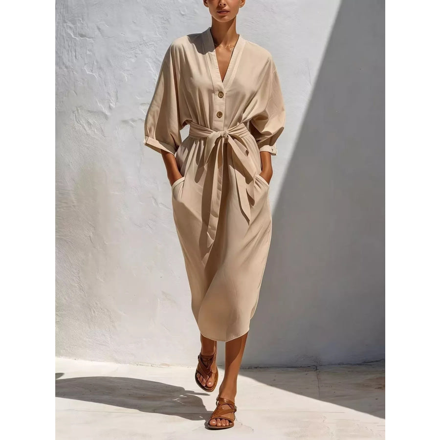 Full Size Tie Waist V-Neck Midi Dress Plus Size Khaki / XS Apparel and Accessories