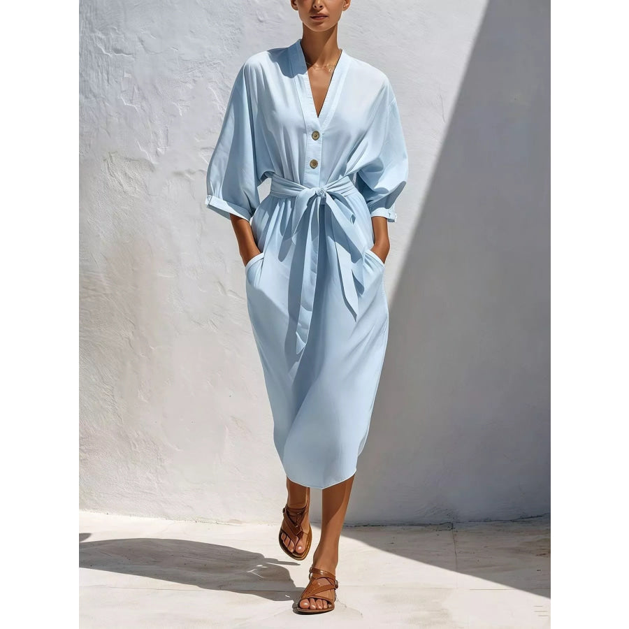 Full Size Tie Waist V-Neck Midi Dress Plus Size Light Blue / XS Apparel and Accessories