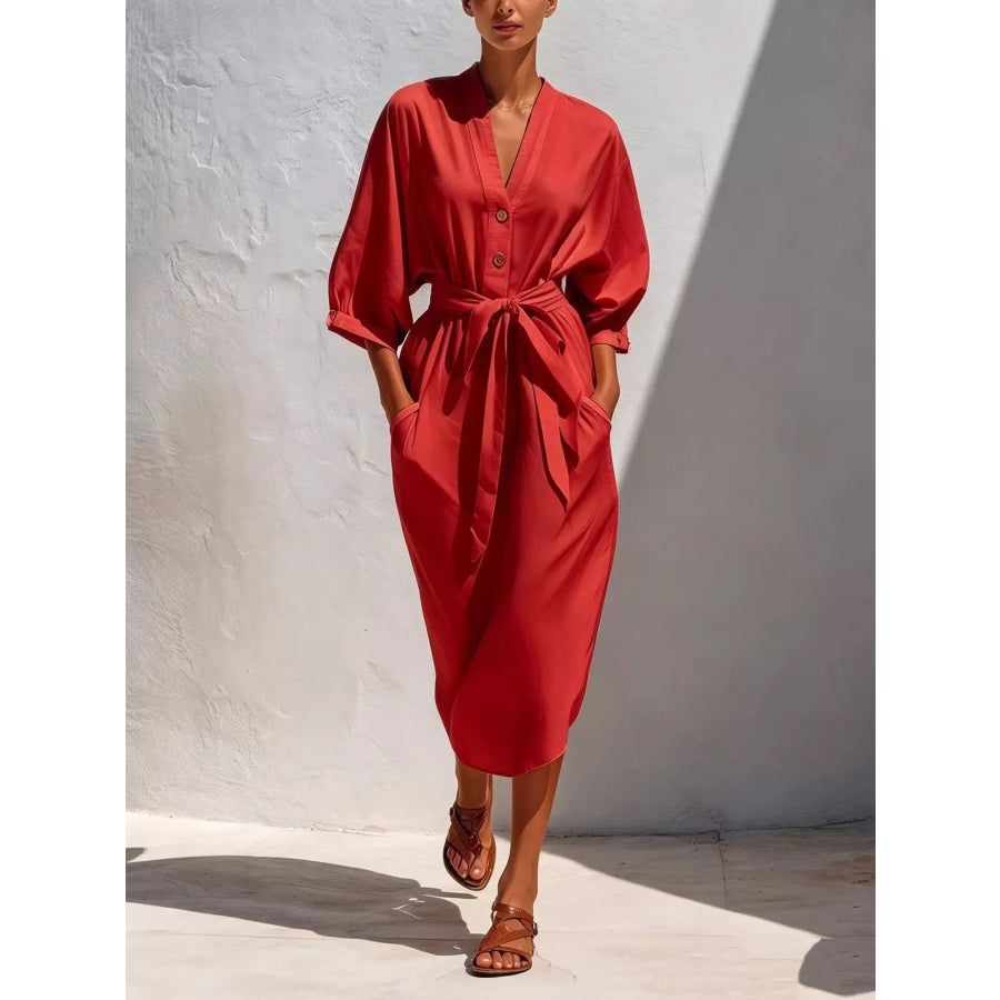 Full Size Tie Waist V-Neck Midi Dress Plus Size Red / XS Apparel and Accessories