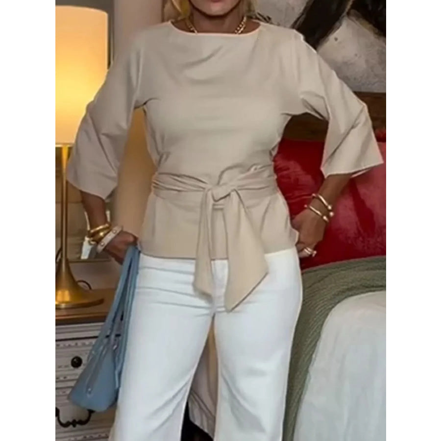 Full Size Tied 3/4 Sleeve Top Plus Size Apparel and Accessories