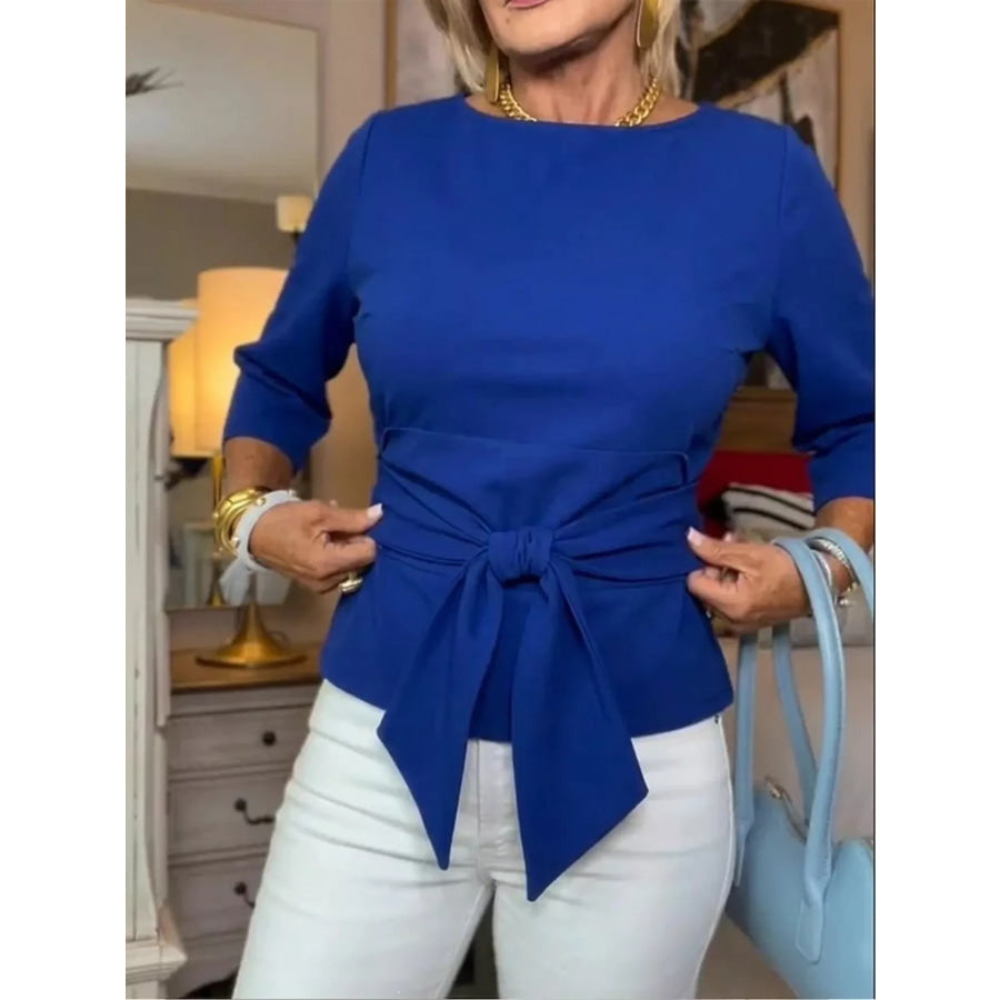 Full Size Tied 3/4 Sleeve Top Plus Size Blue / S Apparel and Accessories