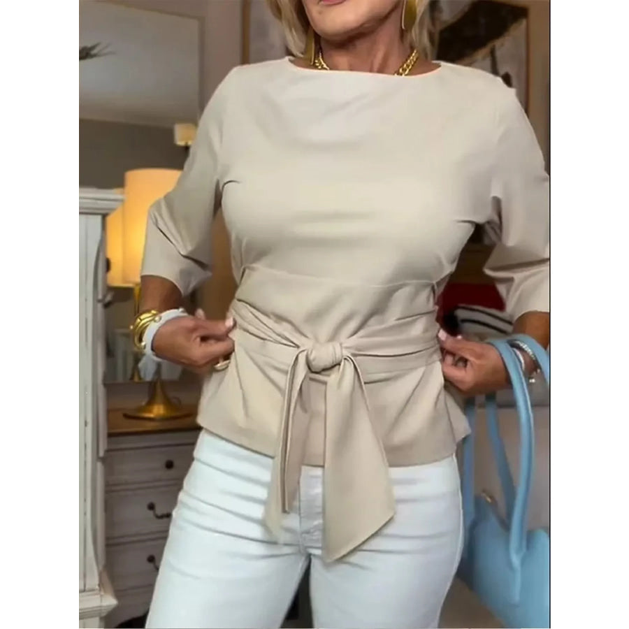Full Size Tied 3/4 Sleeve Top Plus Size Off-white / S Apparel and Accessories