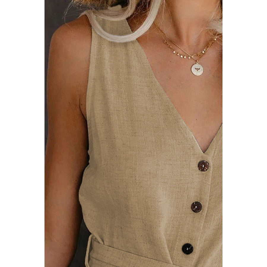 Full Size Tied V-Neck Sleeveless Romper with Pockets Apparel and Accessories