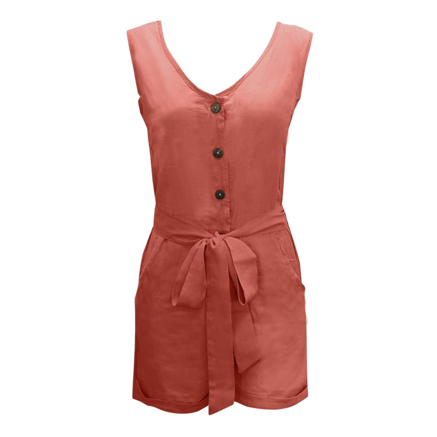 Full Size Tied V-Neck Sleeveless Romper with Pockets Apparel and Accessories