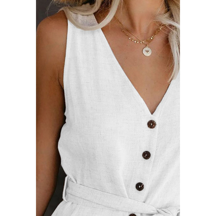 Full Size Tied V-Neck Sleeveless Romper with Pockets Apparel and Accessories