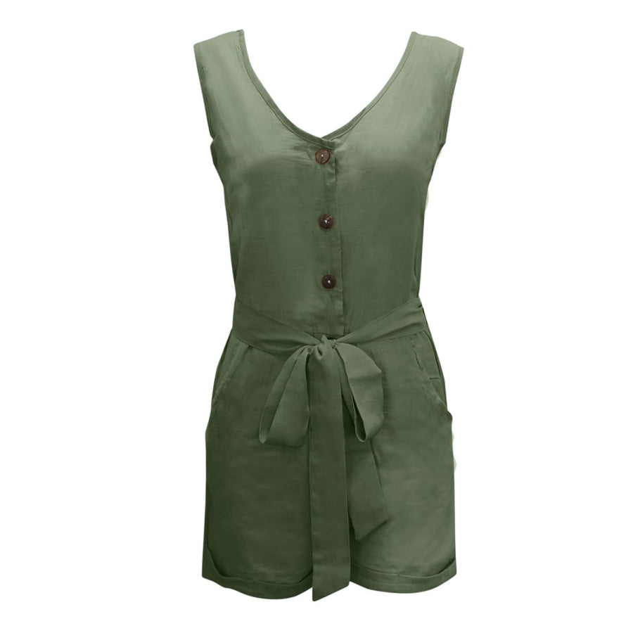 Full Size Tied V-Neck Sleeveless Romper with Pockets Apparel and Accessories