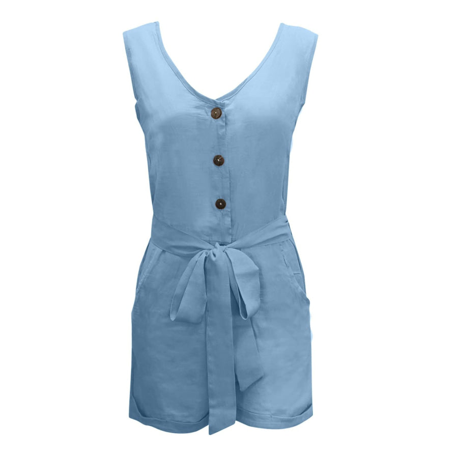Full Size Tied V-Neck Sleeveless Romper with Pockets Apparel and Accessories