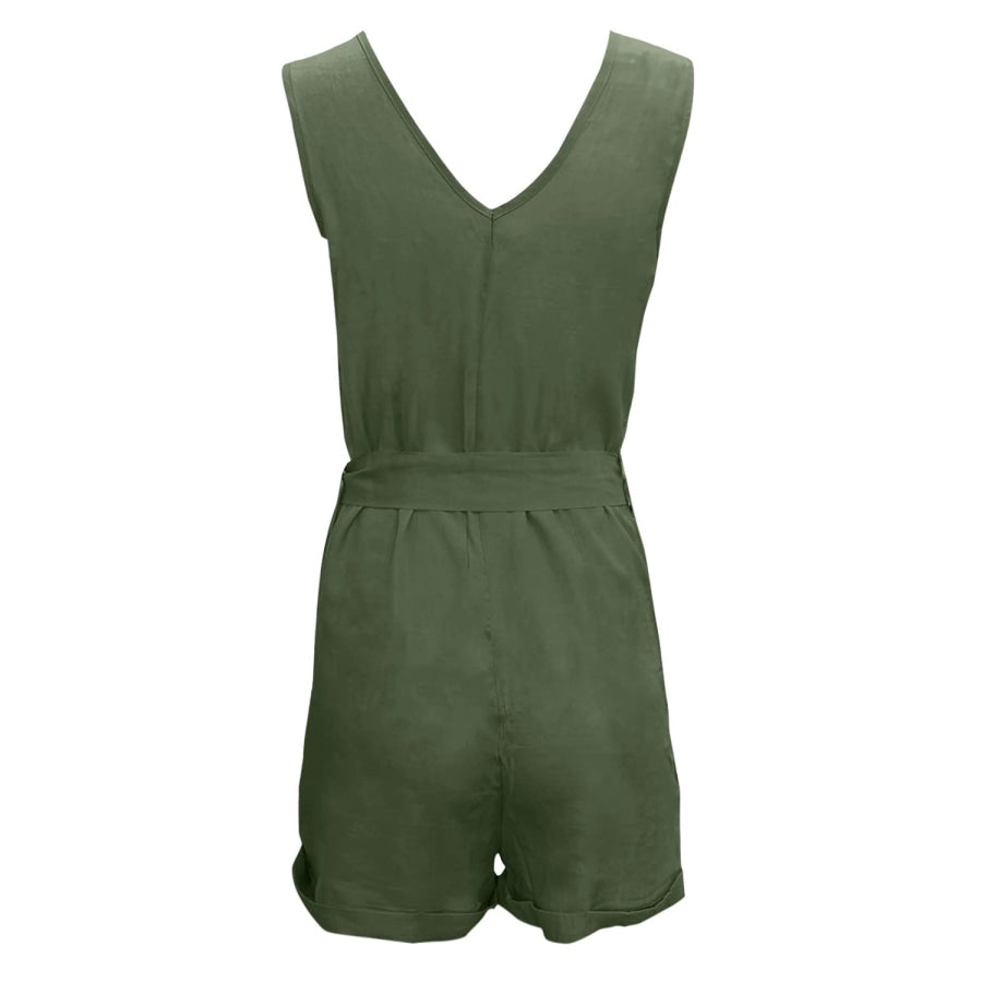 Full Size Tied V-Neck Sleeveless Romper with Pockets Apparel and Accessories