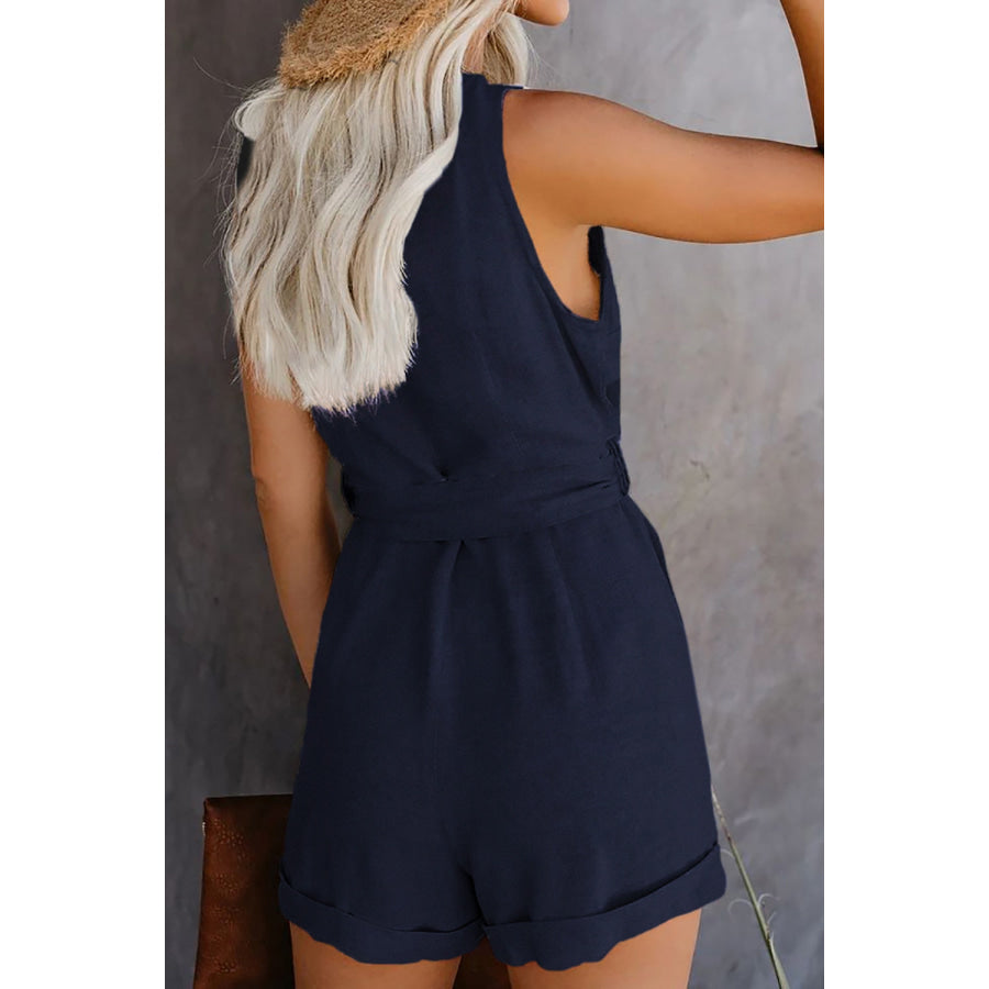 Full Size Tied V-Neck Sleeveless Romper with Pockets Apparel and Accessories