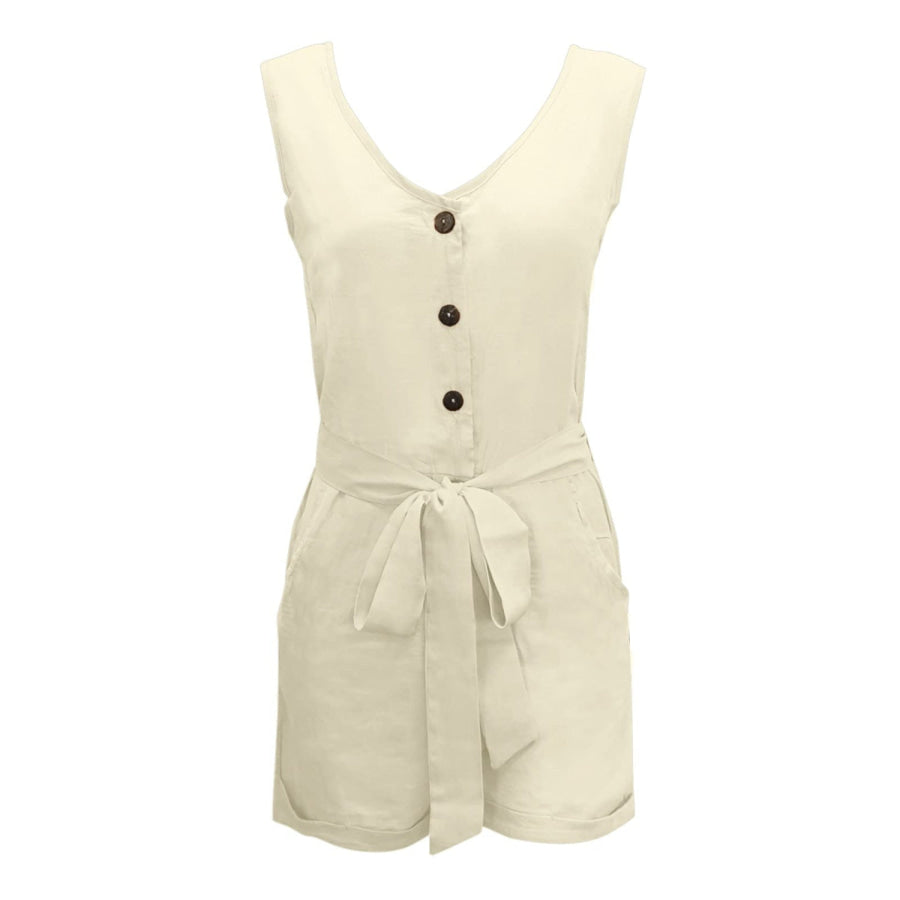 Full Size Tied V-Neck Sleeveless Romper with Pockets Apparel and Accessories