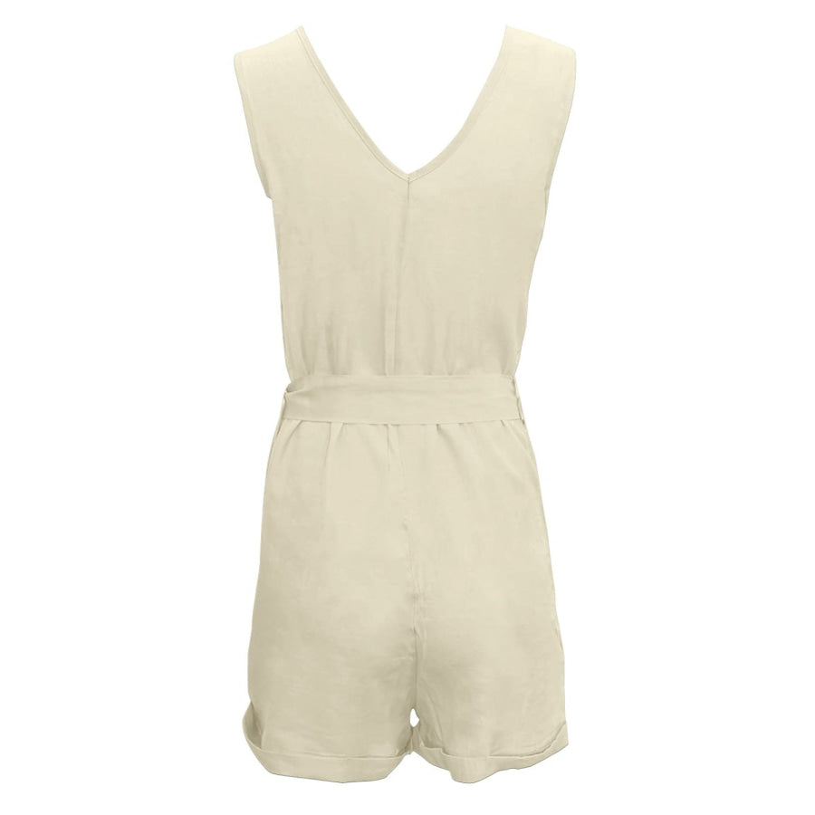Full Size Tied V-Neck Sleeveless Romper with Pockets Apparel and Accessories