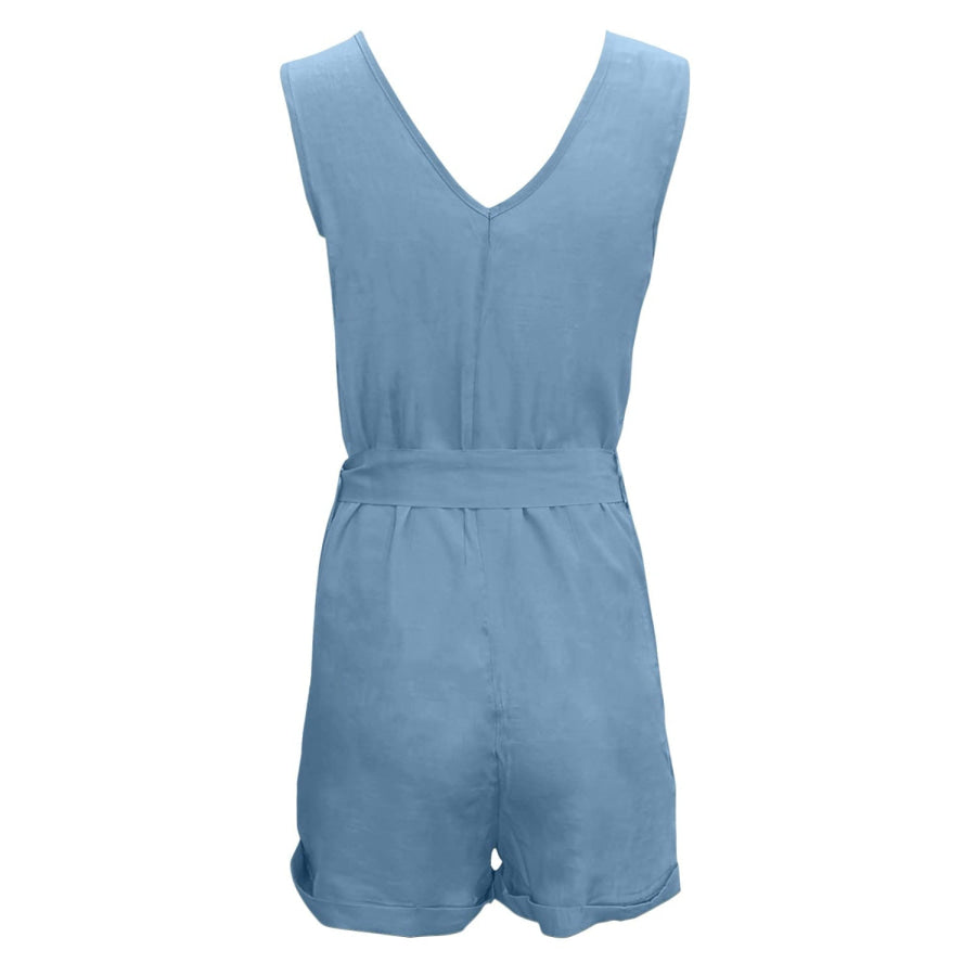 Full Size Tied V-Neck Sleeveless Romper with Pockets Apparel and Accessories