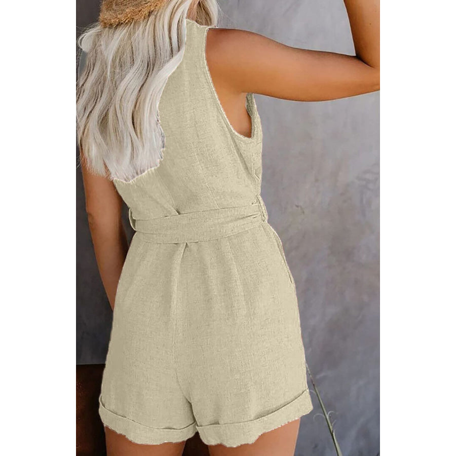 Full Size Tied V-Neck Sleeveless Romper with Pockets Beige / S Apparel and Accessories