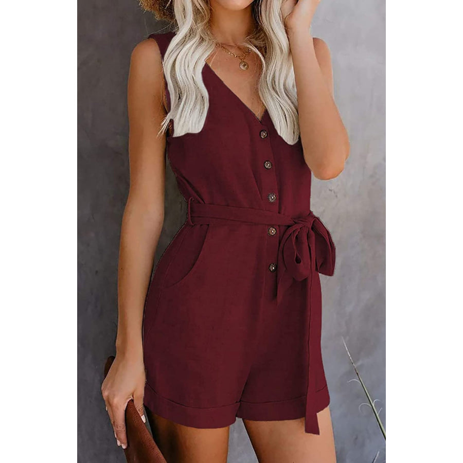 Full Size Tied V-Neck Sleeveless Romper with Pockets Wine / S Apparel and Accessories