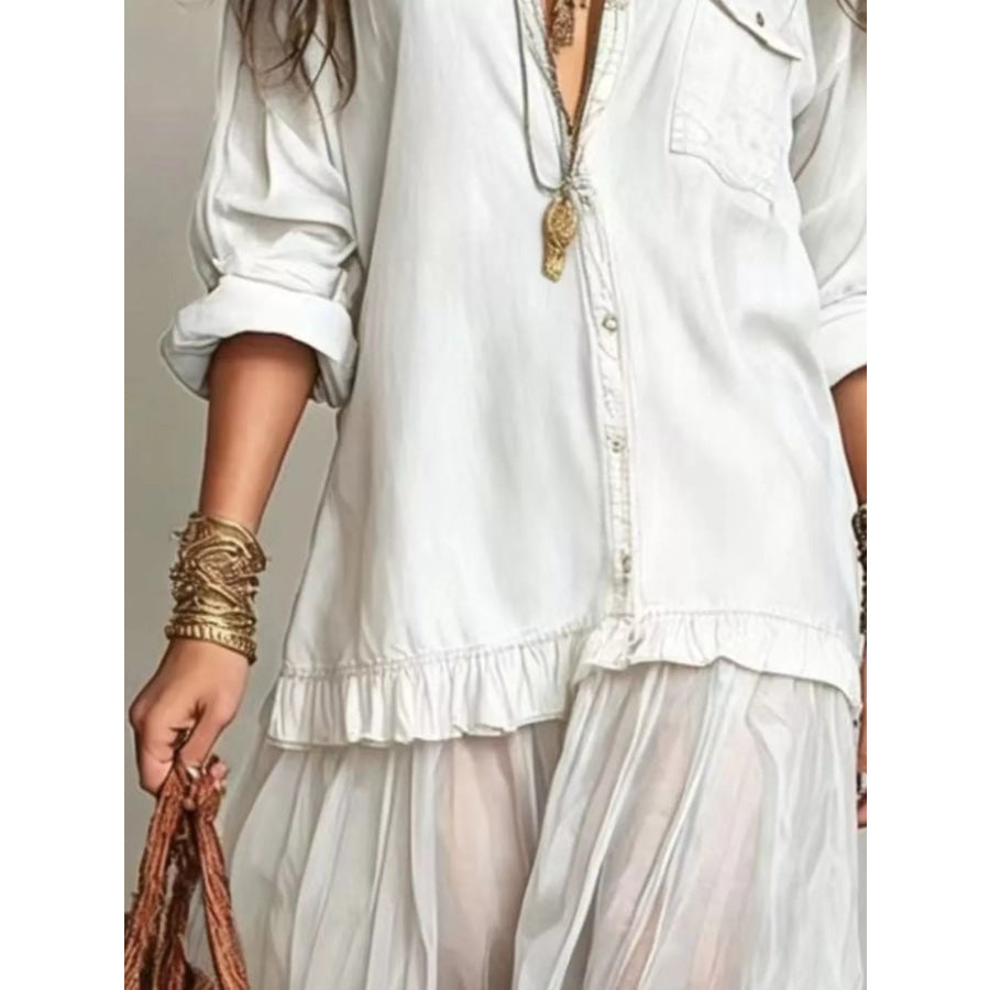 Full Size Tiered Long Sleeve Denim Shirt Maxi Dress Plus Size Apparel and Accessories