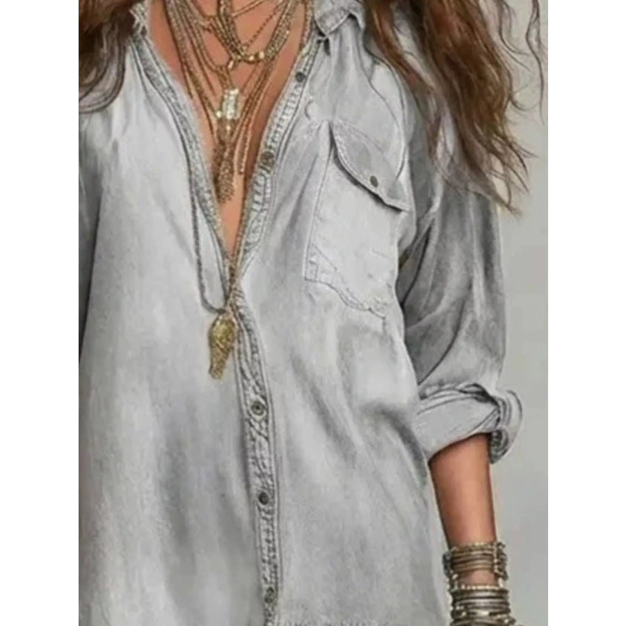 Full Size Tiered Long Sleeve Denim Shirt Maxi Dress Plus Size Apparel and Accessories