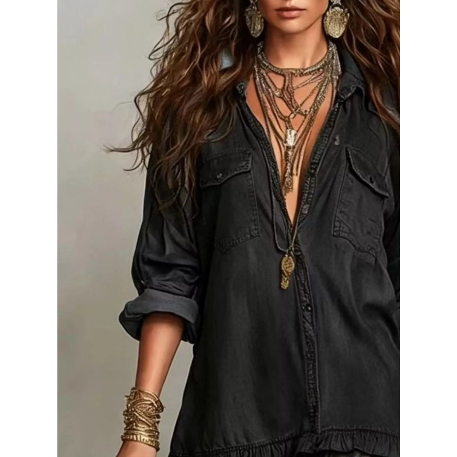 Full Size Tiered Long Sleeve Denim Shirt Maxi Dress Plus Size Apparel and Accessories
