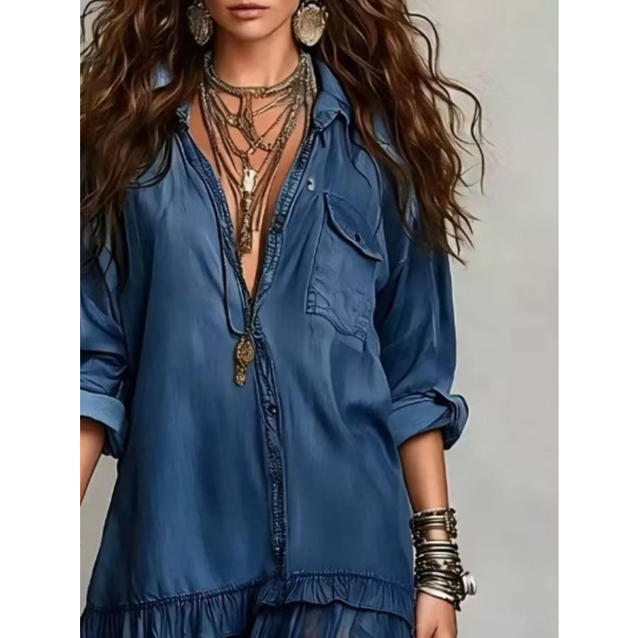 Full Size Tiered Long Sleeve Denim Shirt Maxi Dress Plus Size Apparel and Accessories