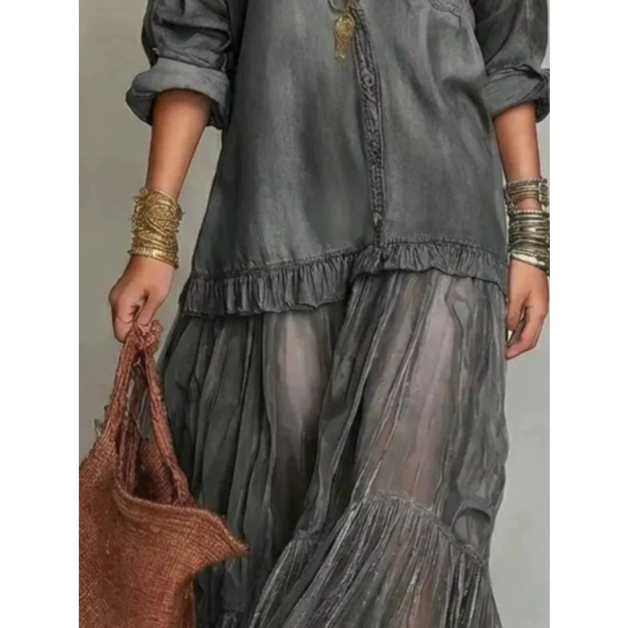 Full Size Tiered Long Sleeve Denim Shirt Maxi Dress Plus Size Apparel and Accessories