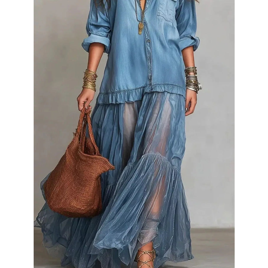 Full Size Tiered Long Sleeve Denim Shirt Maxi Dress Plus Size Sky Blue / S Apparel and Accessories