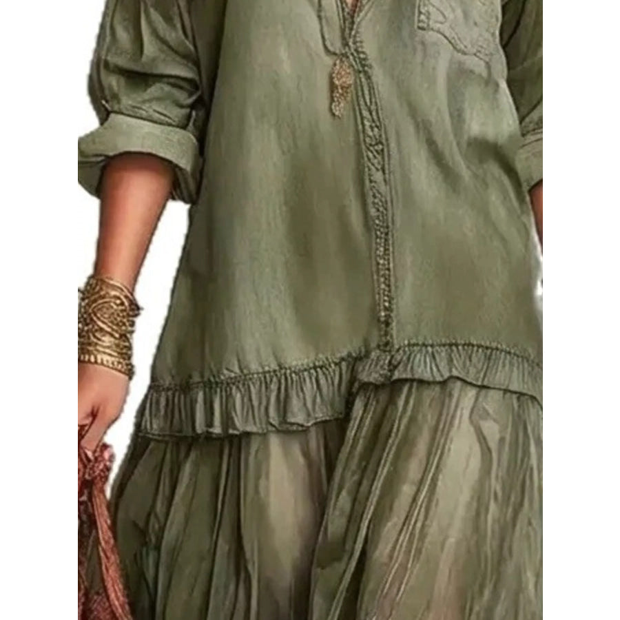 Full Size Tiered Long Sleeve Denim Shirt Maxi Dress Plus Size Apparel and Accessories