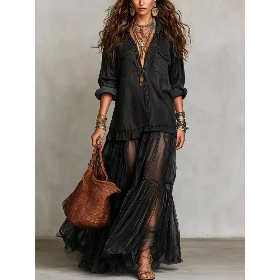 Full Size Tiered Long Sleeve Denim Shirt Maxi Dress Plus Size Black / S Apparel and Accessories