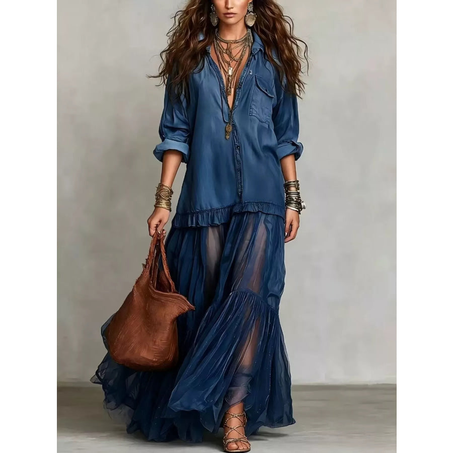 Full Size Tiered Long Sleeve Denim Shirt Maxi Dress Plus Size Dark Blue / S Apparel and Accessories