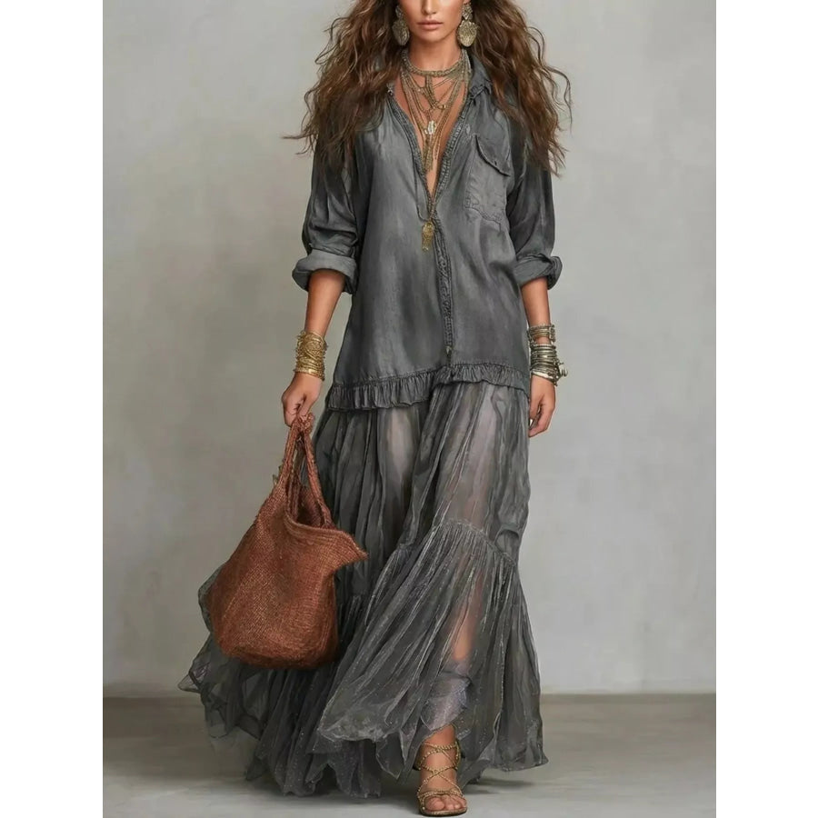 Full Size Tiered Long Sleeve Denim Shirt Maxi Dress Plus Size Dark Gray / S Apparel and Accessories