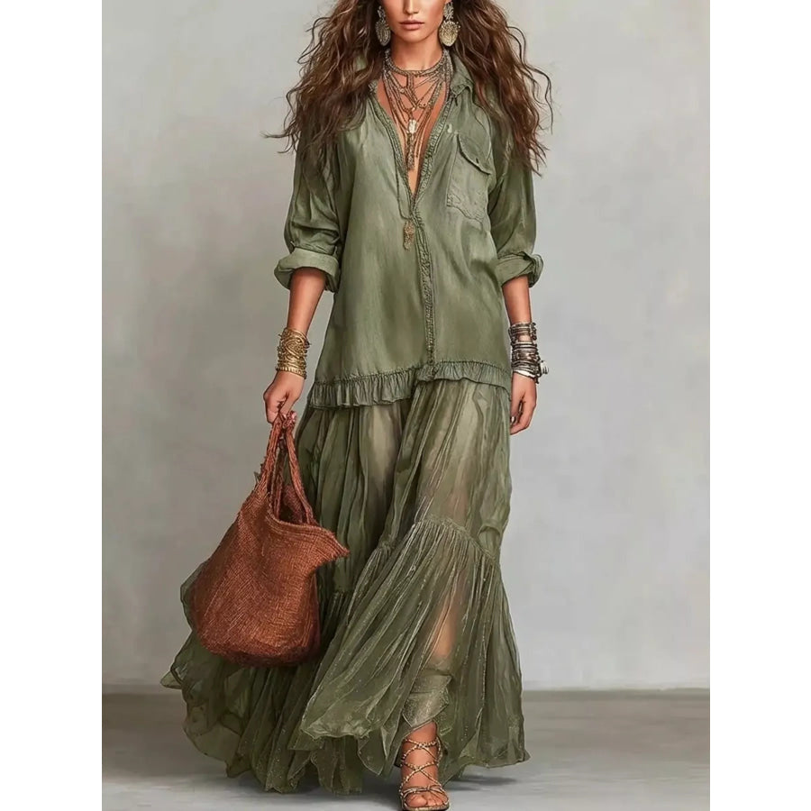 Full Size Tiered Long Sleeve Denim Shirt Maxi Dress Plus Size Green / S Apparel and Accessories