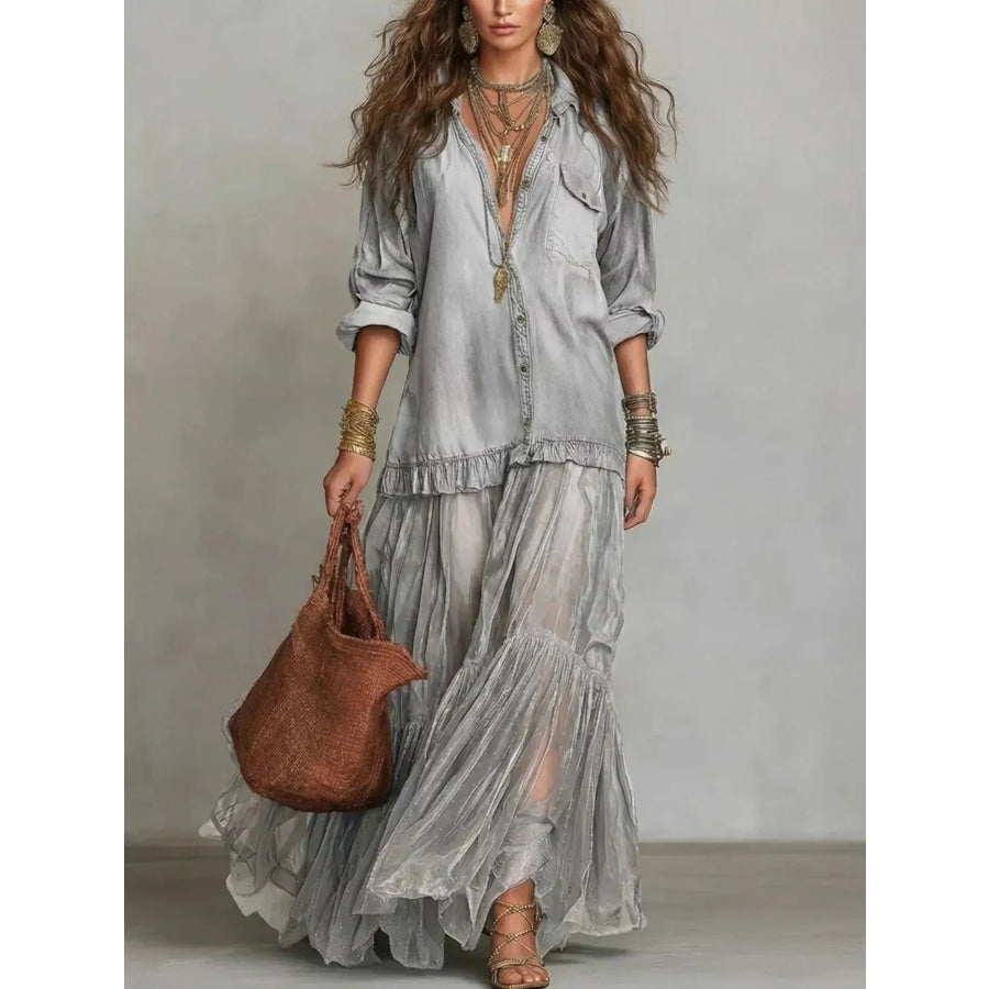 Full Size Tiered Long Sleeve Denim Shirt Maxi Dress Plus Size Light Gray / S Apparel and Accessories