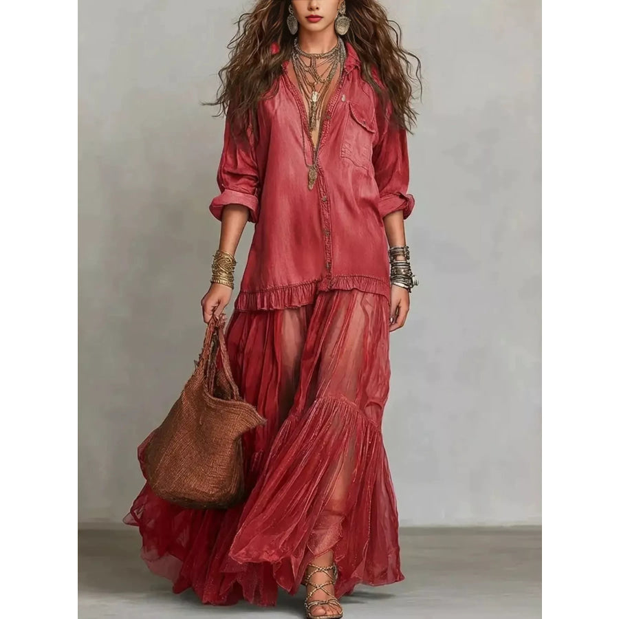 Full Size Tiered Long Sleeve Denim Shirt Maxi Dress Plus Size Red / S Apparel and Accessories