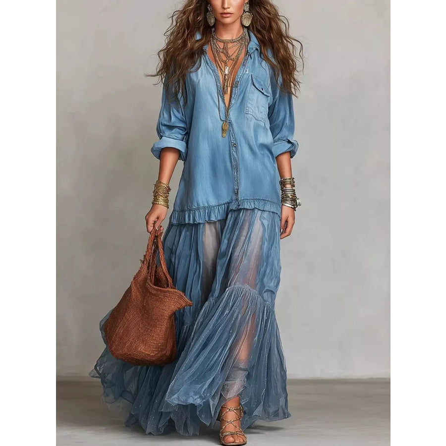 Full Size Tiered Long Sleeve Denim Shirt Maxi Dress Plus Size Sky Blue / S Apparel and Accessories