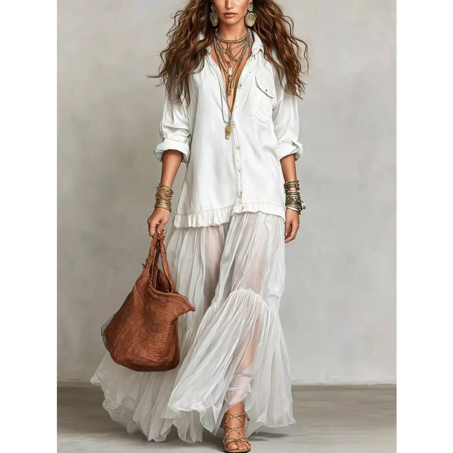 Full Size Tiered Long Sleeve Denim Shirt Maxi Dress Plus Size White / S Apparel and Accessories