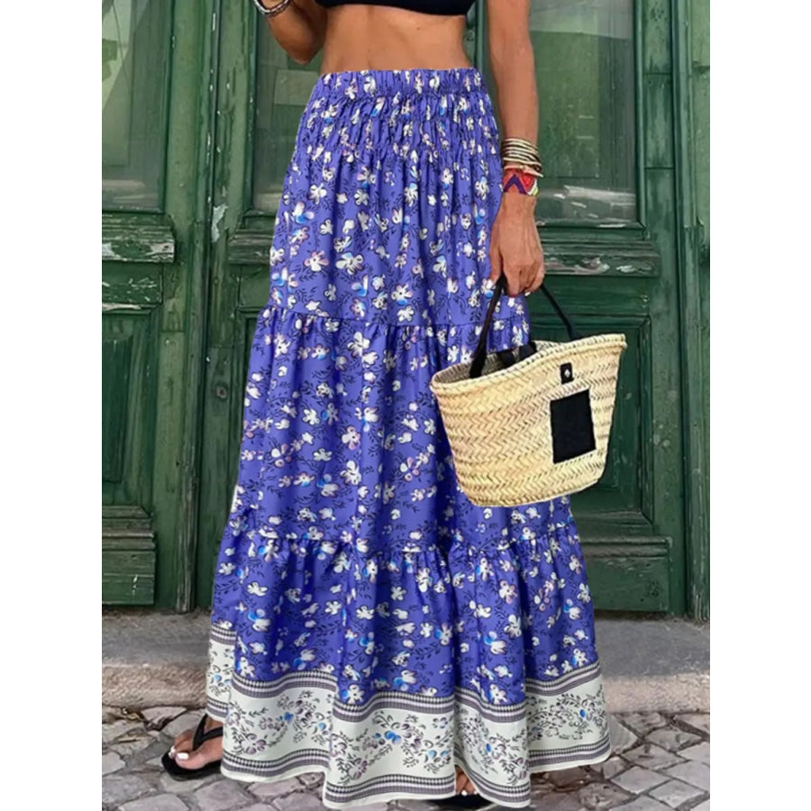 Full Size Tiered Printed Elastic Waist Skirt Blue / S Apparel and Accessories