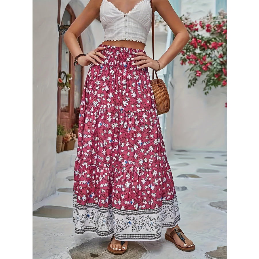 Full Size Tiered Printed Elastic Waist Skirt Cerise / S Apparel and Accessories