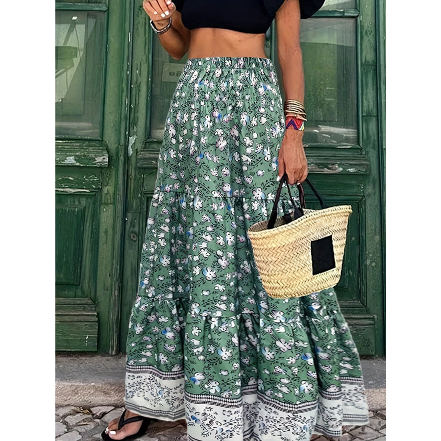 Full Size Tiered Printed Elastic Waist Skirt Green / S Apparel and Accessories