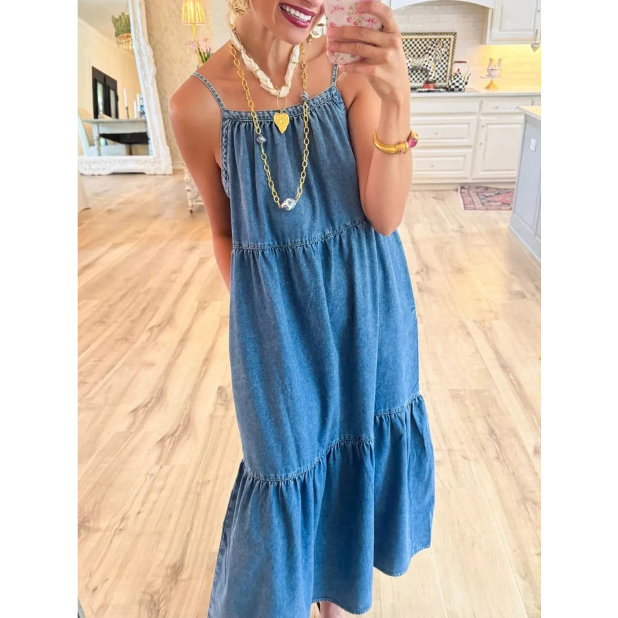 Full Size Tiered Ruffle Hem Denim Dress Plus Apparel and Accessories