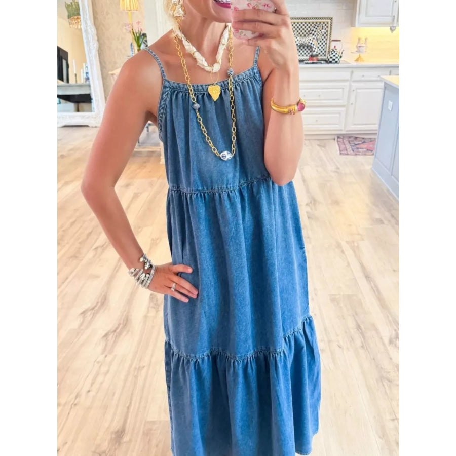 Full Size Tiered Ruffle Hem Denim Dress Plus Size Blue / S Apparel and Accessories