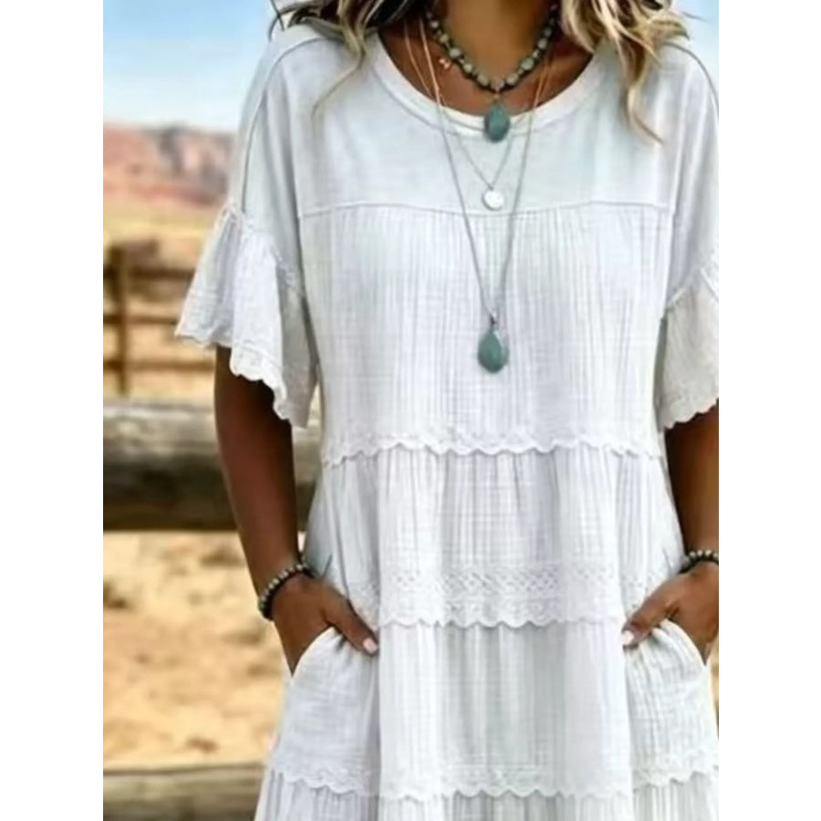Full Size Tiered Ruffle Sleeve Midi Dress with Pockets Plus Size Apparel and Accessories