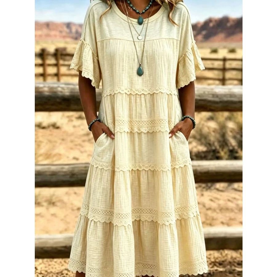 Full Size Tiered Ruffle Sleeve Midi Dress with Pockets Plus Size Apparel and Accessories