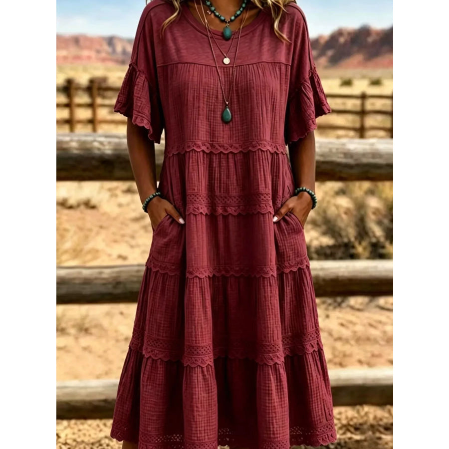 Full Size Tiered Ruffle Sleeve Midi Dress with Pockets Plus Size Apparel and Accessories