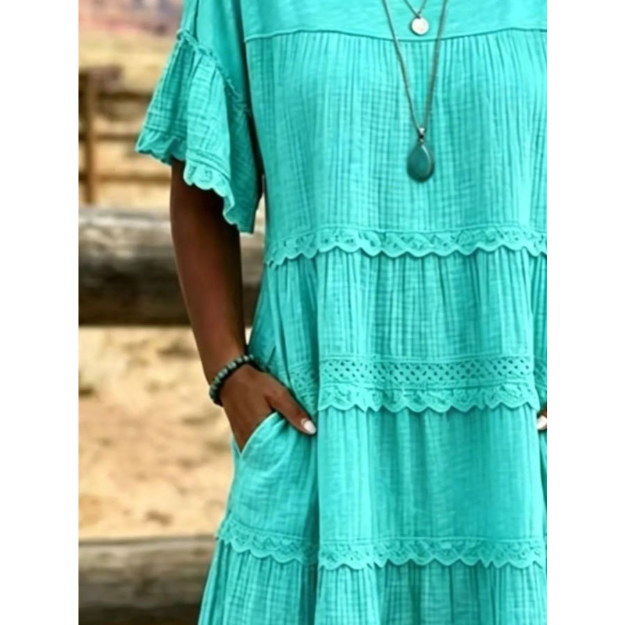 Full Size Tiered Ruffle Sleeve Midi Dress with Pockets Plus Size Apparel and Accessories