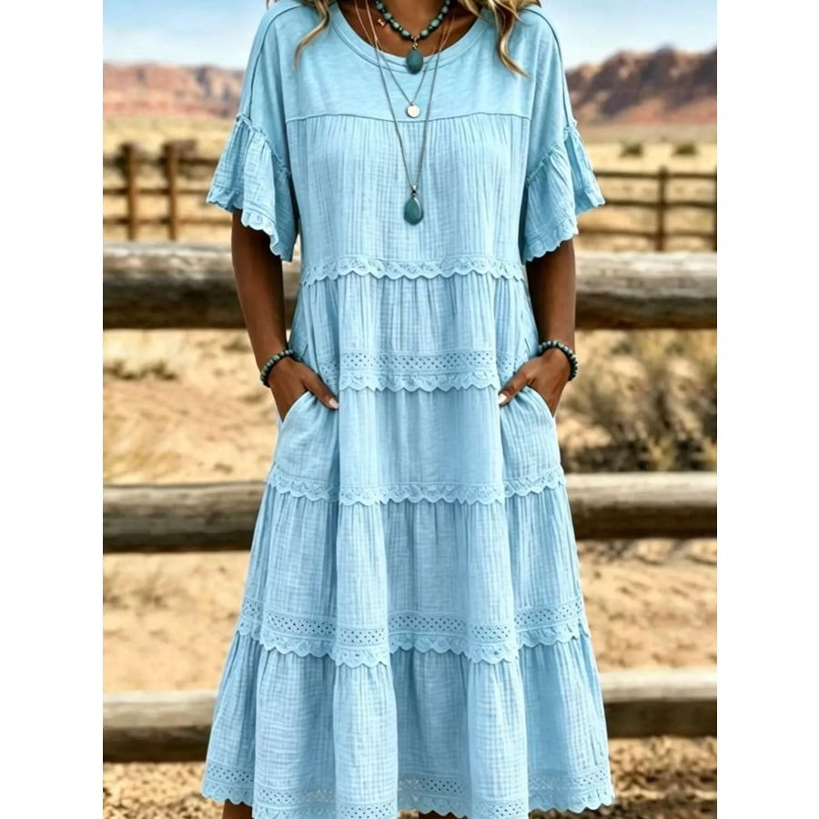 Full Size Tiered Ruffle Sleeve Midi Dress with Pockets Plus Size Apparel and Accessories