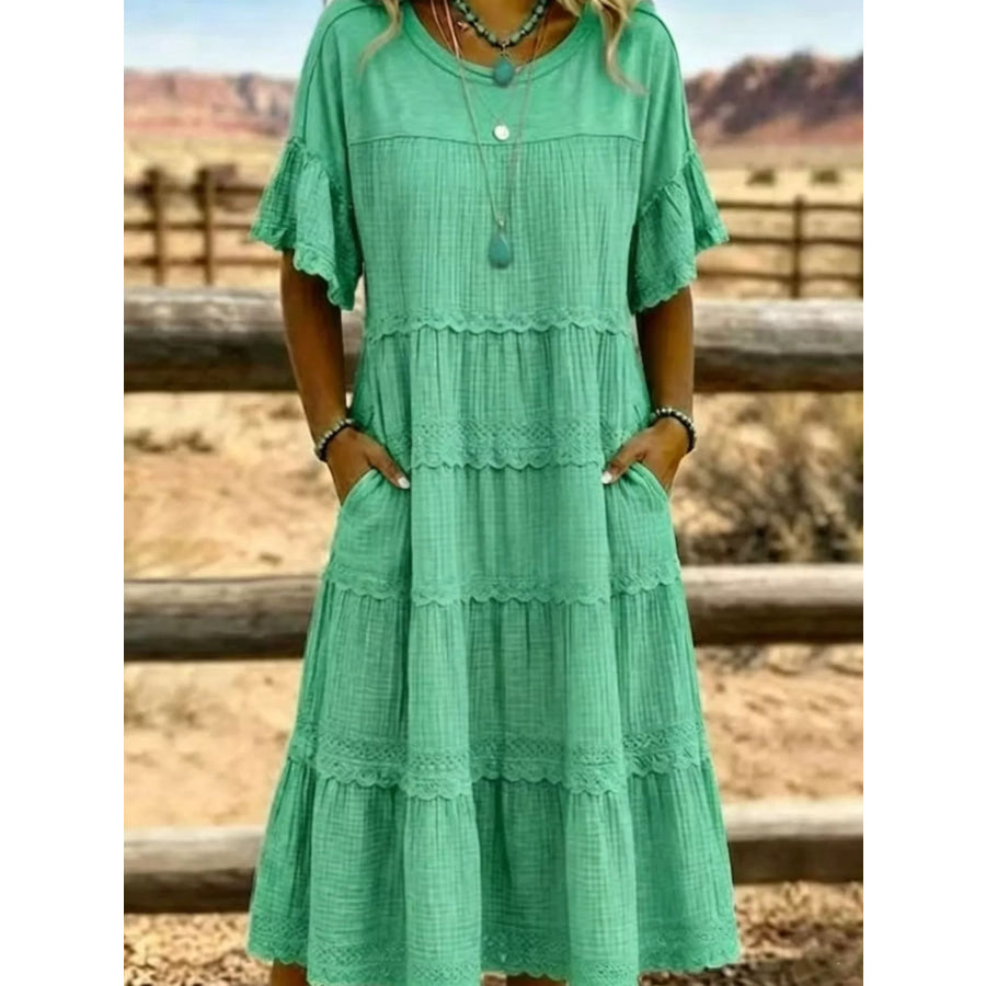Full Size Tiered Ruffle Sleeve Midi Dress with Pockets Plus Size Apparel and Accessories