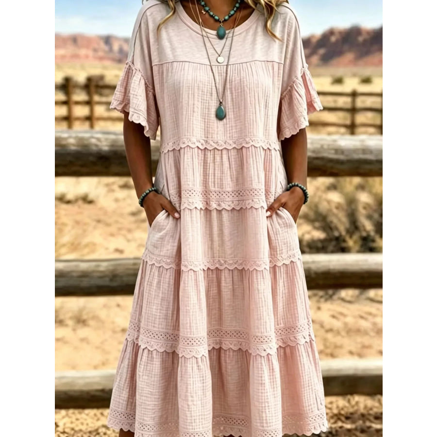 Full Size Tiered Ruffle Sleeve Midi Dress with Pockets Plus Size Apparel and Accessories