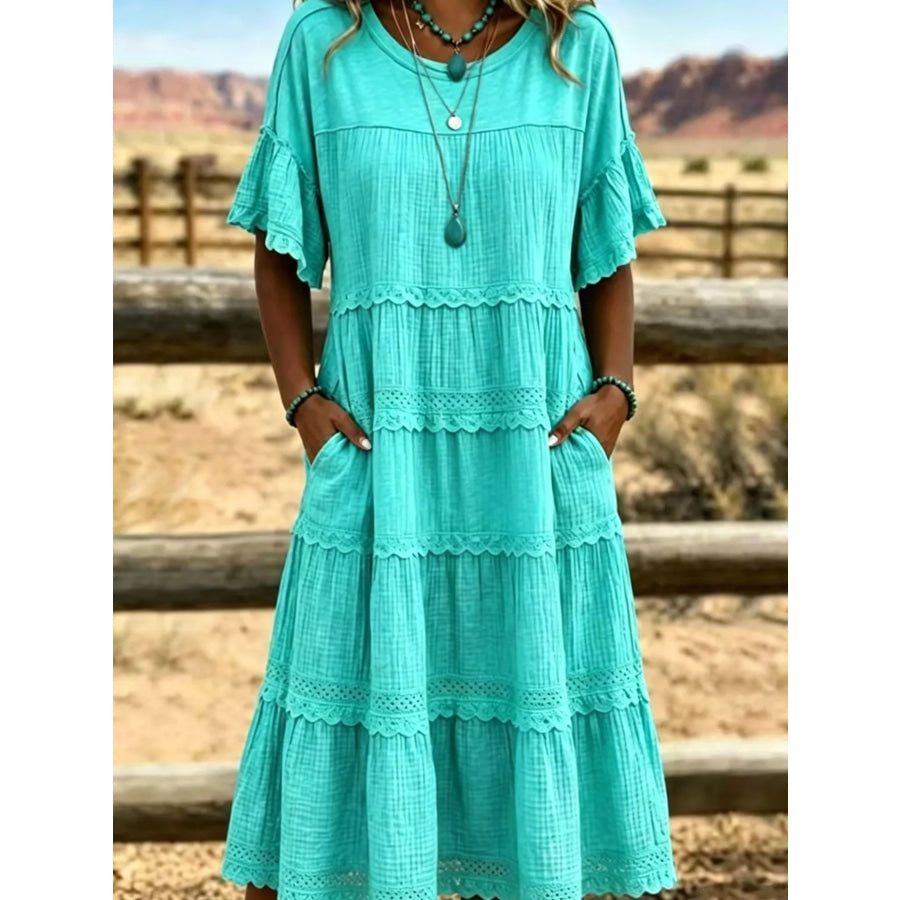 Full Size Tiered Ruffle Sleeve Midi Dress with Pockets Plus Size Aqua / XS Apparel and Accessories